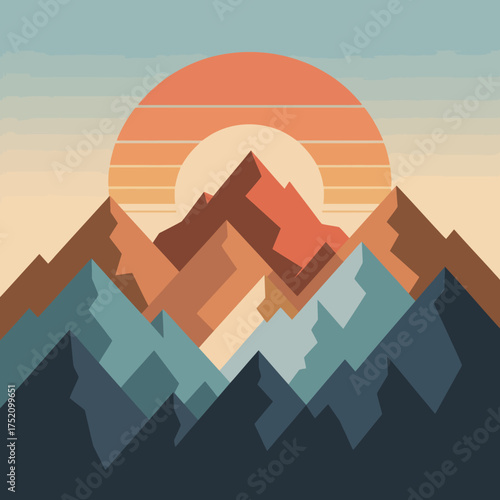 Serene geometric mountain range at sunset with vibrant sun and soft sky palette abstract nature landscape vector
