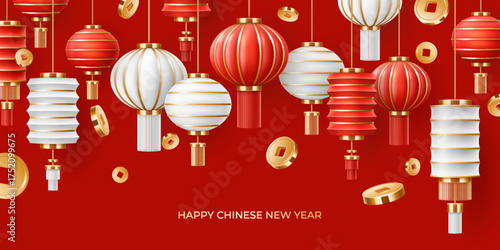 Happy Chinese new year background with realistic flying gold coins and hanging lanterns. Holiday banner Template Design.