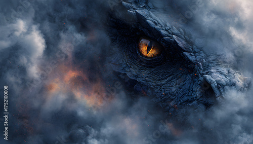 Close-up of a dragon's eye, emerging from dark, swirling clouds with fiery hues.