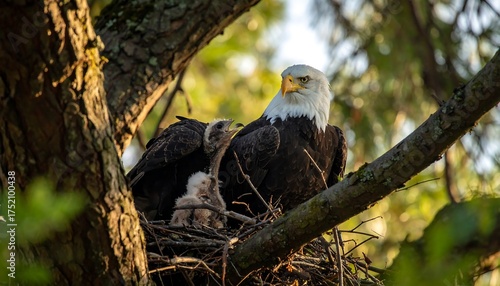 A mature bald eagle and two eaglets sit in a well-built nest nestled in a tree's branches, illuminated by soft sunlight