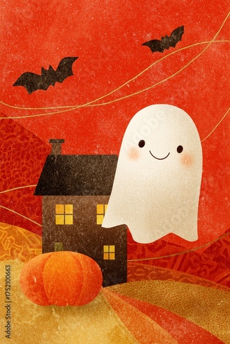 A playful ghost floats near a cozy house and pumpkin against an orange Halloween backdrop.