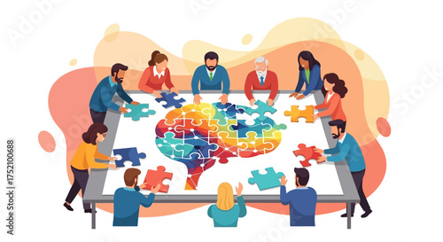 Diverse team collaborating to solve a colorful brain-shaped jigsaw puzzle, symbolizing collective intelligence and brainstorming.