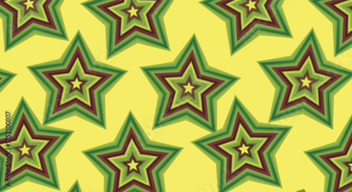 A vibrant repeating pattern of nested star shapes in shades of green and brown against a bright yellow background.