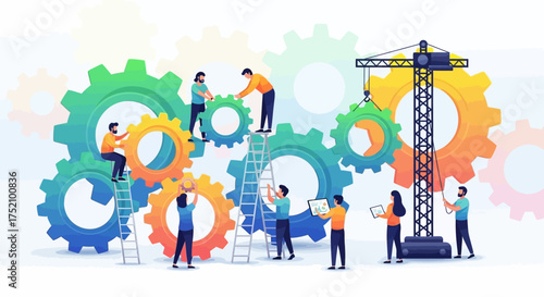A team of diverse individuals collaboratively working to assemble and connect large, colorful gears, symbolizing teamwork, engineering, and business process optimization.