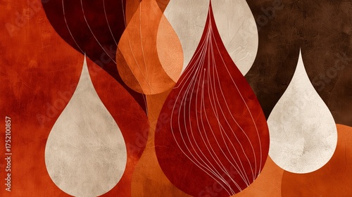 A visually striking abstract design with teardrop shapes in a palette of red, cream, and brown, creating a warm and inviting atmosphere.