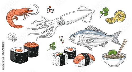 Fresh seafood ingredients and prepared dishes for a delicious meal.
