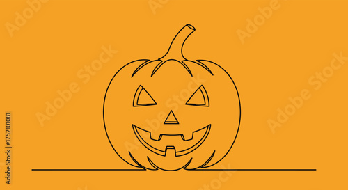 A classic jack o lantern carved for halloween on an orange background with a black outline.