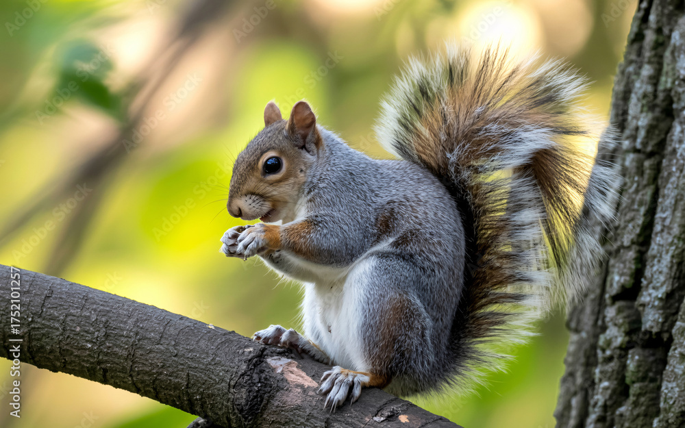 Fototapeta premium Delightful squirrel enjoying a tasty treat on a sunny branch, making you smile with nature's charm and a touch of playful woodland wonder