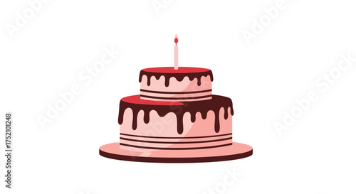 A delicious two tiered pink cake covered in rich chocolate ganache and topped with a single lit candle on a white background.