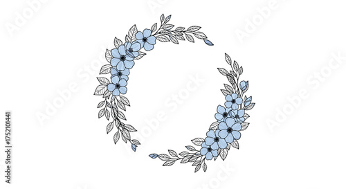 Floral wreath with delicate blue flowers and swirling leaves creating a circular design.