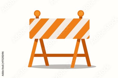 Road Block: Illustrative image of a road barrier. A caution sign in white and orange, indicates road work or a hazardous area.