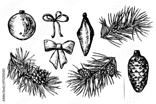 Vector set of Merry Christmas and Happy New Year decoration elements. Vintage linear sketch of pine branch with cone, christmas ornaments balls, festive bows, tree toys. Engraving for 2025, 2026 years