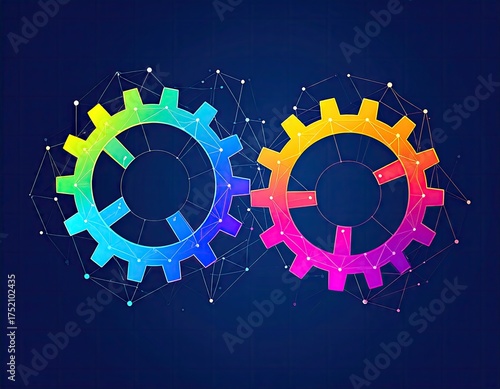 Colorful interlocking gears connected by digital network symbolizing teamwork and technology.