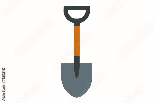 Flat Vector D-Handle Shovel Icon with Wooden Shaft and Gray Metal Blade, Isolated on White