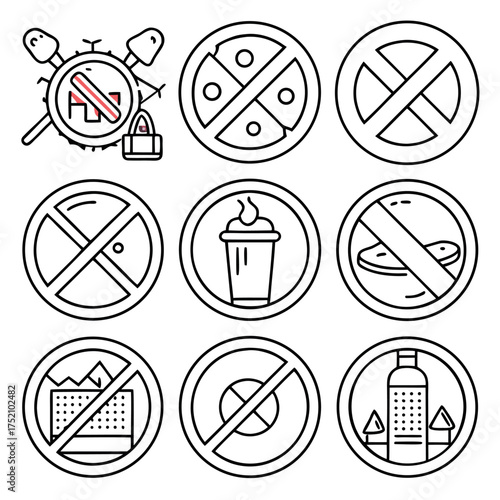 Set of minimal line icons with red prohibition signs, representing various restrictions and safety warnings on a white background