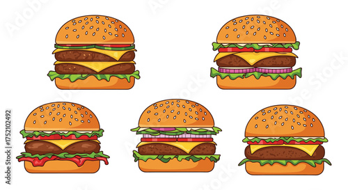 A collection of delicious pixel art cheeseburgers with various toppings.