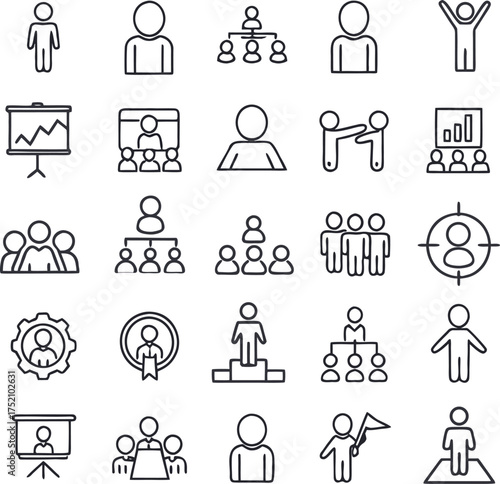 Collection of business and people icons in outline style.