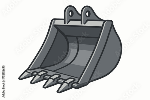Excavator Bucket Vector Icon, Heavy-Duty Steel Digging Attachment, 3/4 View
