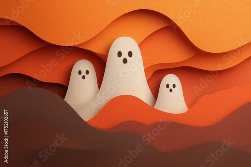 Three whimsical ghosts emerge from layered, colorful waves, creating a cheerful yet spooky atmosphere.