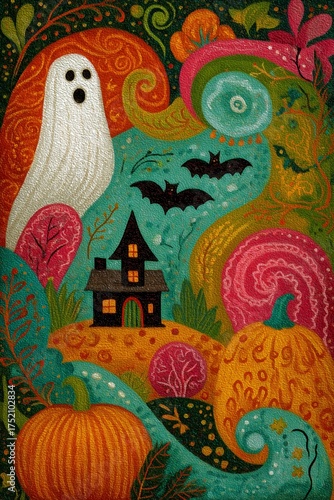 A vibrant Halloween-themed artwork showcasing a ghost, bats, and a playful landscape with pumpkins.