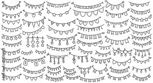 Collection of hand drawn doodle bunting flags and banners for party celebrations.