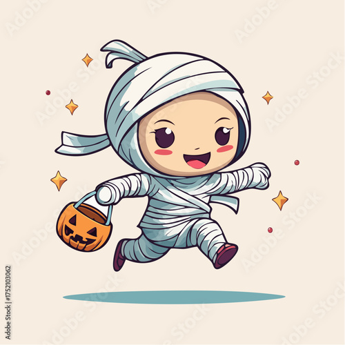 Happy mummy running with jack-o'-lantern with transparent background