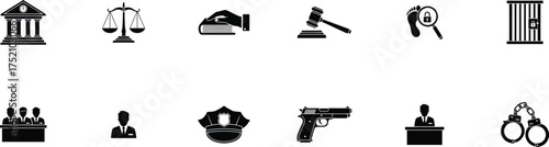 law enforcement icons vector, justice police and legal symbols illustration, crime and court concept for infographic or education design, minimal flat elements