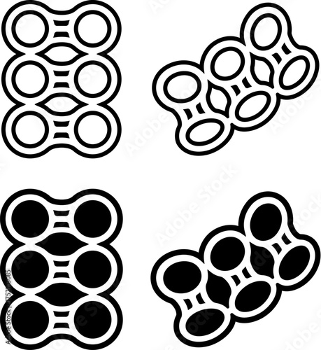 Six pack rings cartoon drawing set, plastic can holder. Vector clipart illustration, simple black and white icon.