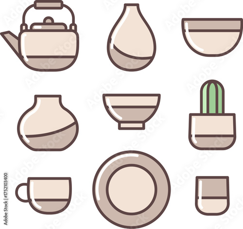 Ceramic crockery collection. Vases, bowls and cups. Simple and modern pottery icons, vector illustration set.