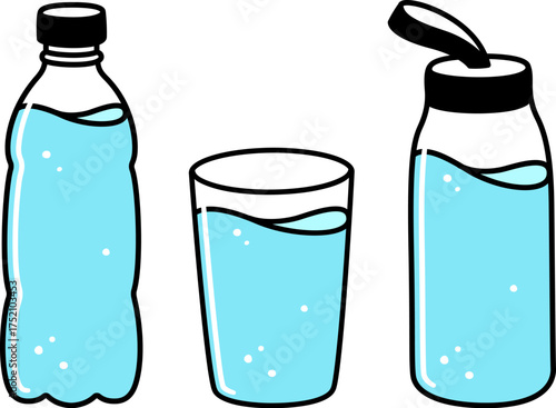 Glass of water, plastic water bottle and reusable glass bottle. Cartoon doodle drawing set, isolated vector clipart illustration.