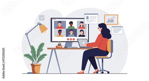 Professional woman engaging in a video conference, collaborating remotely and sharing ideas in a modern workspace with a thriving houseplant nearby