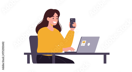 Cheerful woman multitasking with laptop and smartphone, ideal for illustrating remote work, social media, or modern digital lifestyle concepts