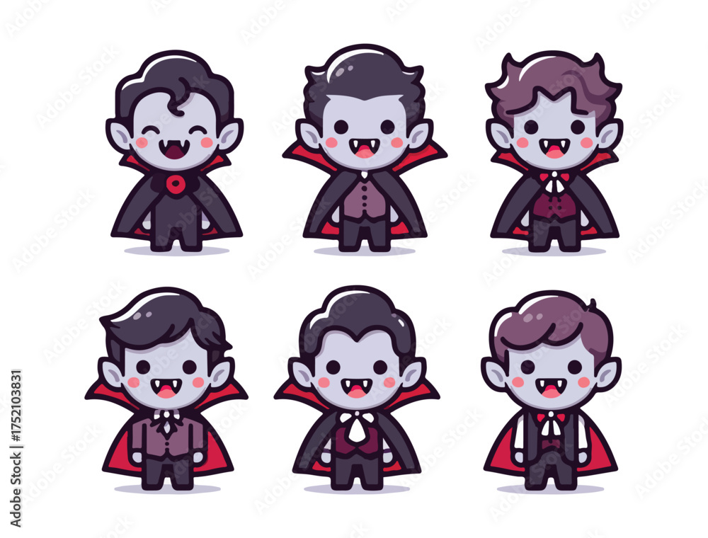 Obraz premium Kawaii Dracula Face Vector Set with Purple Hair and Fangs Showing