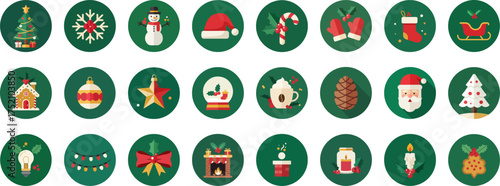 24 Christmas-themed icons in circular frames on dark green background