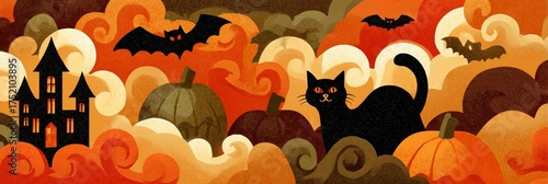 A whimsical Halloween illustration featuring a black cat, pumpkins, and bats against an orange and brown background.