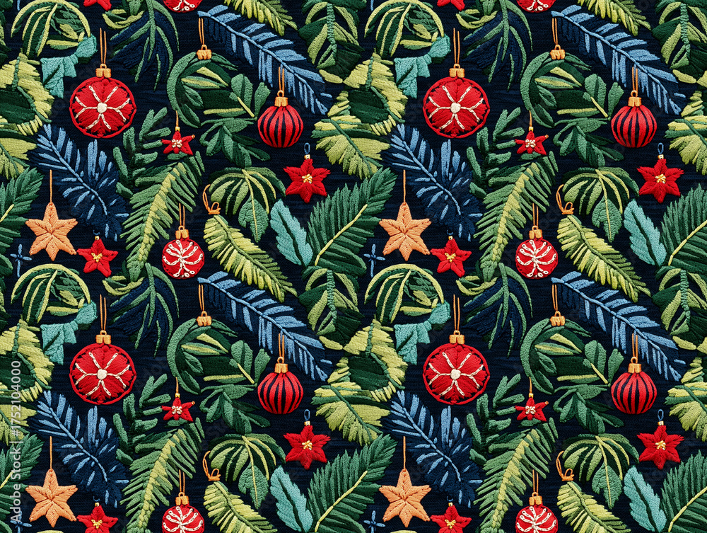 Obraz premium Tropical Christmas Seamless Pattern with Exotic Jungle Leaves Red Ornament Balls and Gold Stars Background