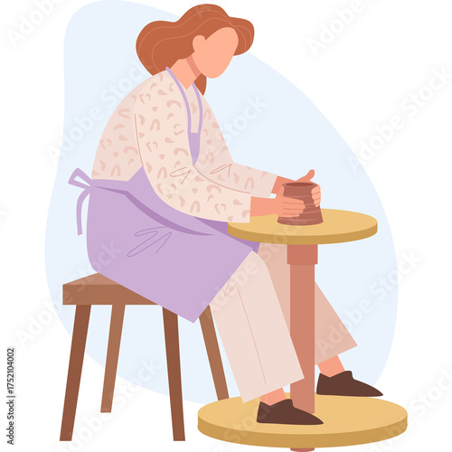 Woman Sitting at Pottery Wheel Creating Clay Sculpture in Studio Pastel Colors Minimalist Flat Illustration