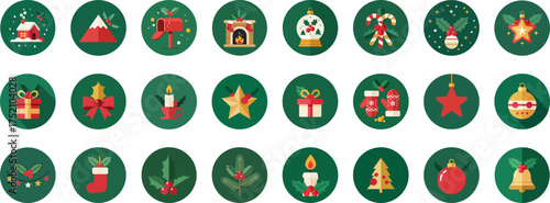 24 Christmas-themed icons in round badges with rich greens, vibrant reds, warm golds, and crisp whites