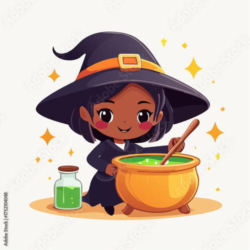 Little witch stirring potion with transparent background