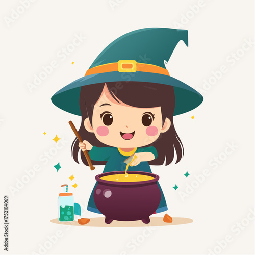 Little witch stirring potion with transparent background