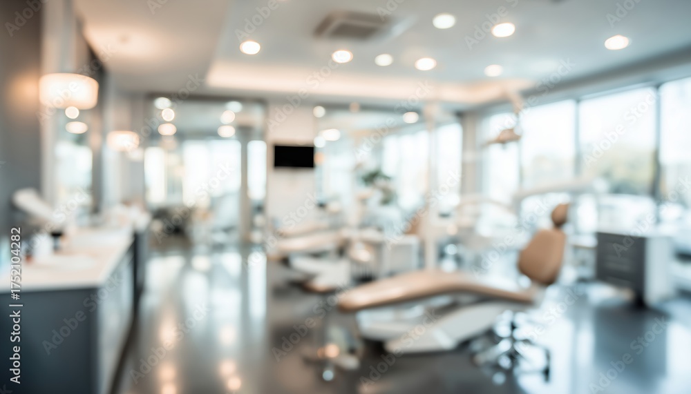 Fototapeta premium Disorganized Interior Of A Modern Dental Practice: The Inside Of A Contemporary Dentist'S Office Appears Blurred And Unkempt.