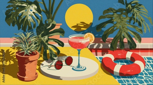 A vibrant summer scene featuring a cocktail, sunglasses, and lush green plants creating a relaxing atmosphere.