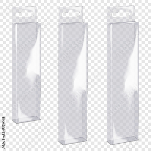 Empty tall narrow clear glossy plastic box with tuck-in flap and euro hole tab. 3d mockup set. Blank hanging rectangle transparent PVC container. Realistic vector mock-up. Template for design