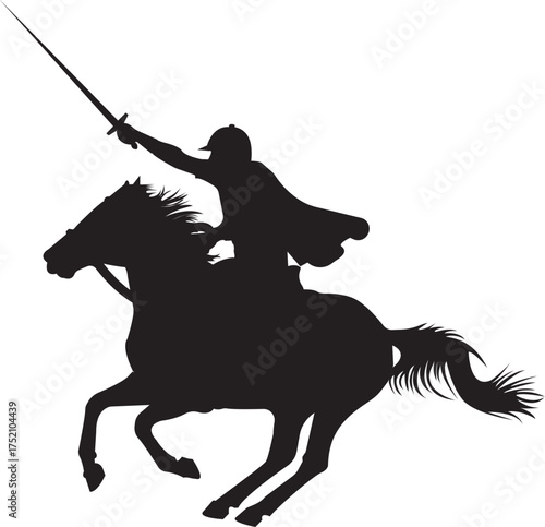 Silhouette of a warrior on horseback wielding sword in gallop, ideal for medieval themes, fantasy art, game design, book covers, historical content, and stock visuals for heroism, battle, adventure, a