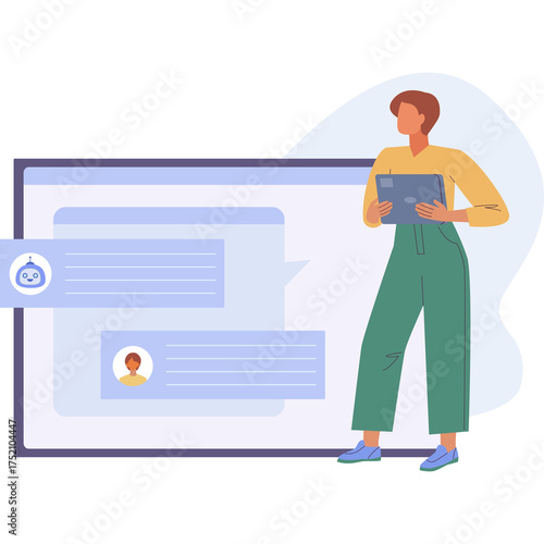 Woman Holding Tablet Standing Next To Digital Communication Screen Showing Chat Bubbles and User Avatars Pale Blue and Teal Palette Minimalist Style