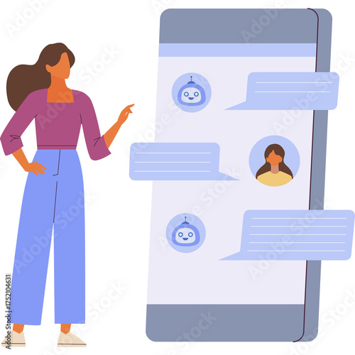 Woman Interacting With A Chatbot On A Smartphone Screen Showing Conversation Bubbles And Avatars In A Flat Design Style With A Transparent Background