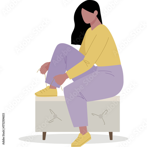 Woman In Yellow Sweater And Lavender Pants Tying Shoe Laces Sitting On A White Ottoman With A Transparent Background
