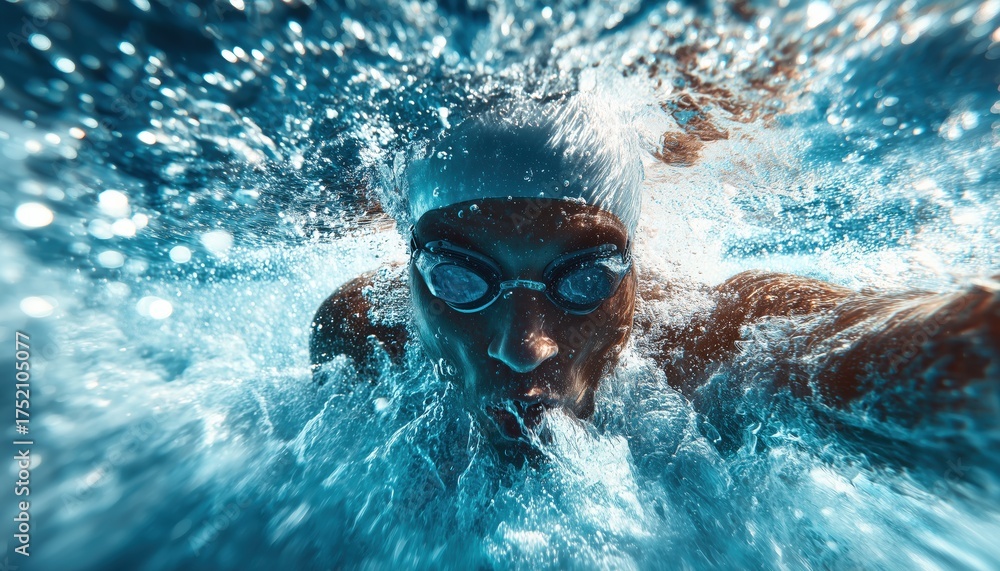 Fototapeta premium Fitness Athlete Training: Swimmer In Action At Wave Pool Gym Center. Cardio Exercise And Panoramic Blue Water Swimming For Triathlon.