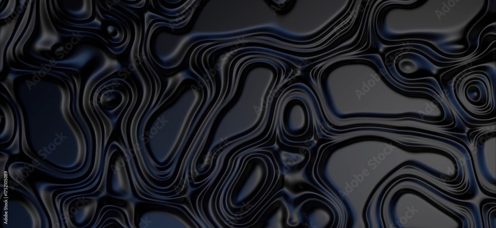 Fototapeta premium Dark Fluidity: Abstract Black Topographic Pattern with Subtle Blue Highlights