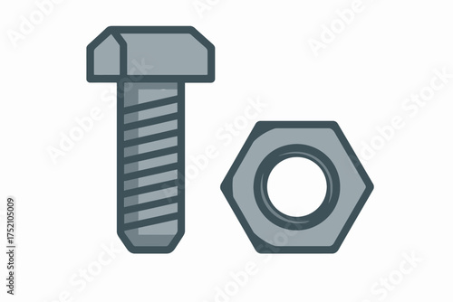 Hex Bolt and Nut Pair, Steel Fasteners Flat Vector Isolated on White